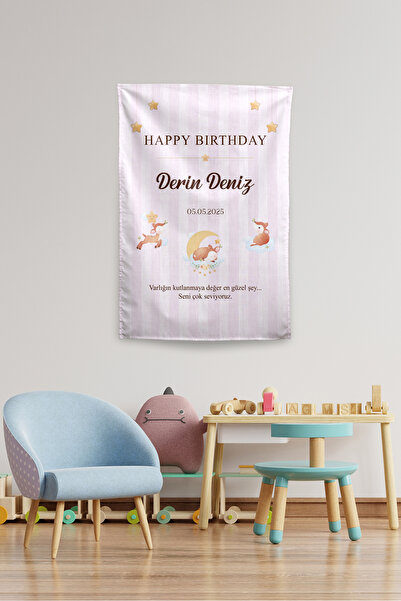 Vagonik Kişiye Özel Doğum Günü Ceylan Temalı Happy Birthday Duvar Örtüsü Duva...