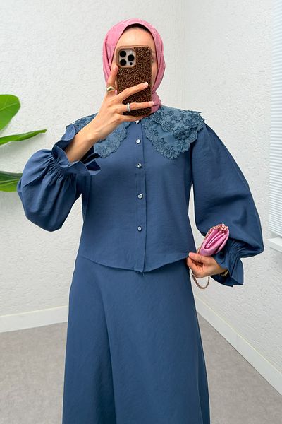 Salih Çelebi Baby Collar Skirt Set 2255 - Indigo