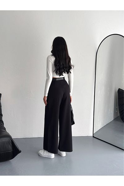 Gugus Women's Palazzo Dabil Fabric Pants Wide Leg Light Lycra Belt Detail Model