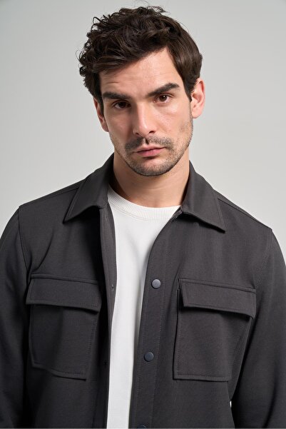 İmza Koyu Antrasit Armürlü Bebe Yaka Kendinden Pamuklu Garnisiz-Biyesiz Standart Fit Mont 1007245163