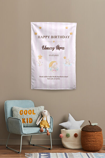 Vagonik Kişiye Özel Doğum Günü Tavşan Temalı Happy Birthday Duvar Örtüsü Duva...