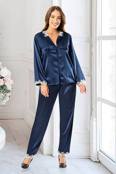 FAAL Σετ πιτζάμες με δαντέλα Navy Blue Satin 4603