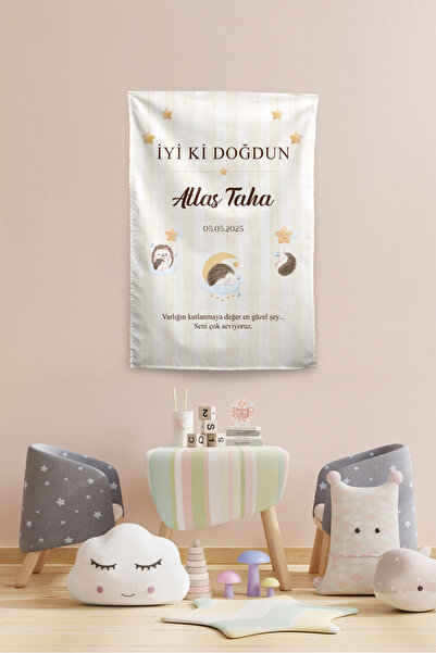 Vagonik Kişiye Özel Doğum Günü Kirpi Temalı Happy Birthday Duvar Örtüsü Duvar...