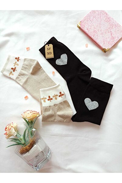ENEFENDİ Cream Cotton Women Socks - 2 Pairs for Outseam Shaped Black and Cream Blanks