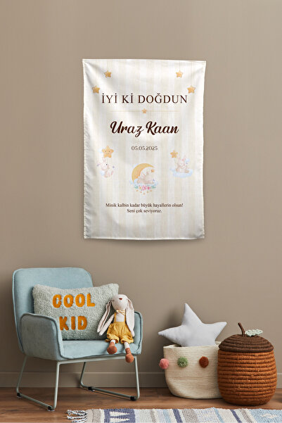Vagonik Kişiye Özel Doğum Günü Tavşan Temalı Happy Birthday Duvar Örtüsü Duva...