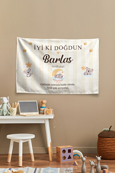 Vagonik Kişiye Özel Doğum Günü Koala Temalı Happy Birthday Duvar Örtüsü Duvar...