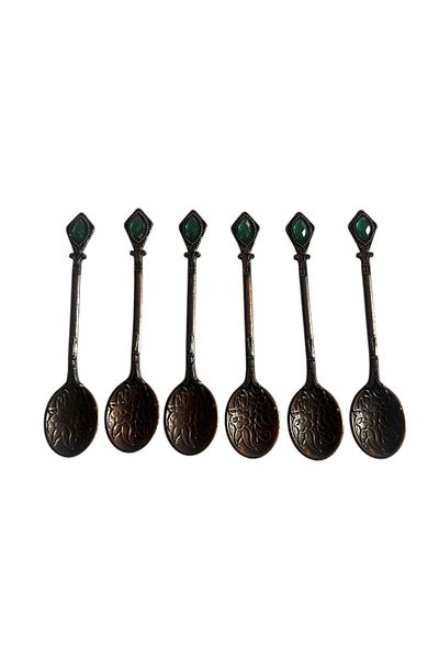 onyyapim Vintage 6-Piece Copper Look Cast Tea Coffee Jam Spice Green Stone Presentation Spoon