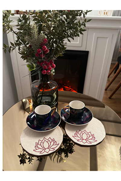 Menar Tasarım Χαρτοπετσέτα παρουσίασης με κεντημένο λουλούδι Lotus, Χαρτοπετσέτα κοκτέιλ, Παρουσίαση καφέ, Σουβέρ 6 τεμαχίων