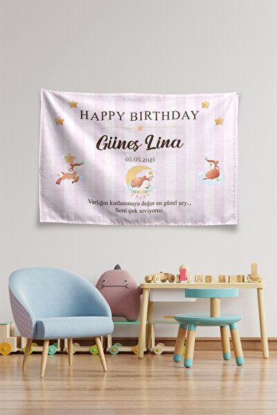 Vagonik Kişiye Özel Doğum Günü Ceylan Temalı Happy Birthday Duvar Örtüsü Duva...