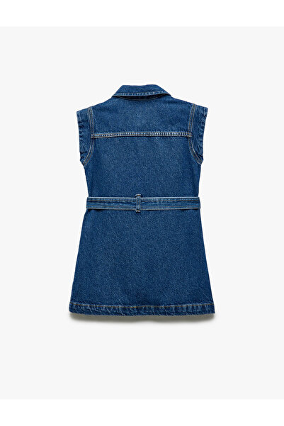 Koton Rochie pentru fetiță din denim indigo, cu buzunar cu nasturi, cu detaliu de curea din bumbac 5SKG80005AD