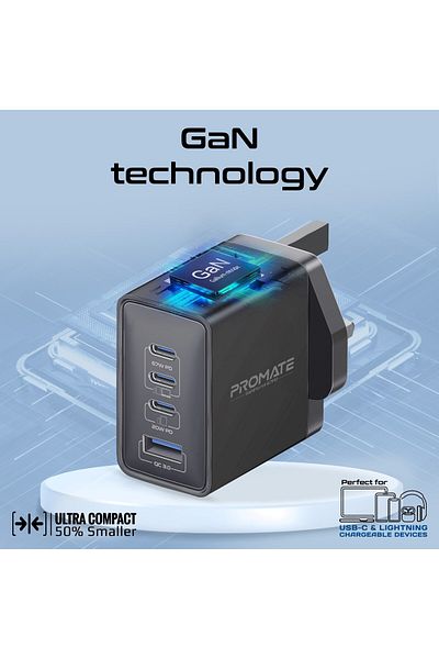 Promate 67W USB-C GaN Wall Charger, Ultra-Compact Dual USB-C Power Delivery Laptop Charger