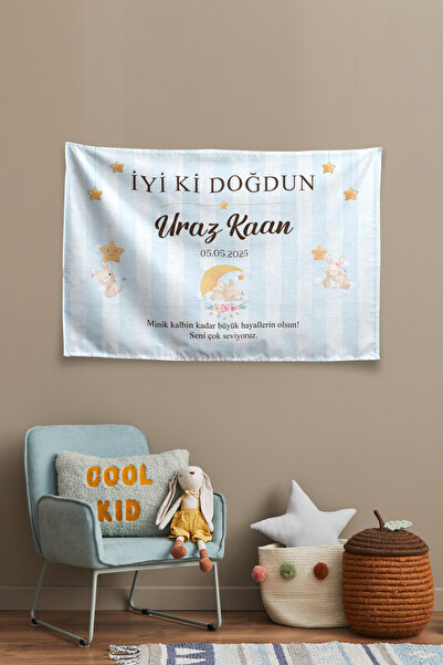 Vagonik Kişiye Özel Doğum Günü Tavşan Temalı Happy Birthday Duvar Örtüsü Duva...