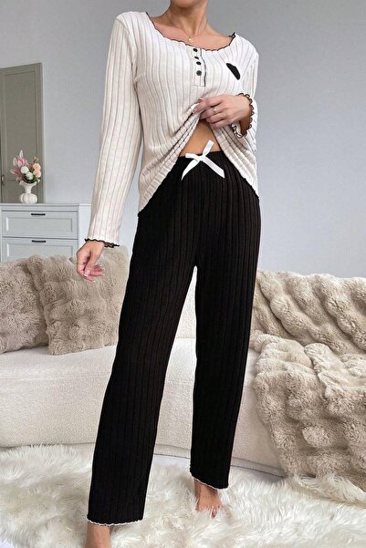 BELLA NOTTE Hímzett fekete pamut szív részletes pizsama szett