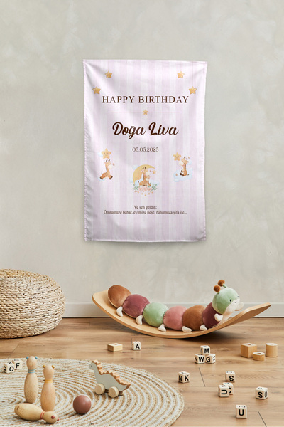 Vagonik Kişiye Özel Doğum Günü Zürafa Temalı Happy Birthday Duvar Örtüsü Duva...