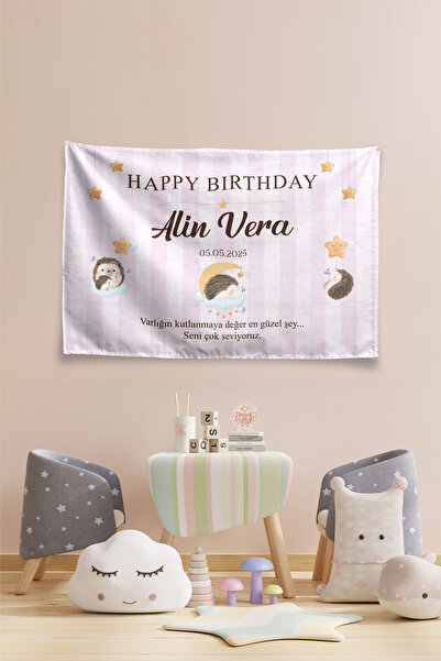 Vagonik Kişiye Özel Doğum Günü Kirpi Temalı Happy Birthday Duvar Örtüsü Duvar...