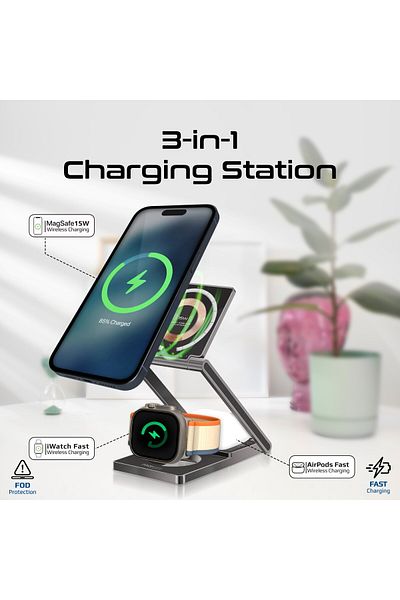 Promate 3-In-1 Magnetic Charging Station With 15W Charging Stand, 5W AirPods Charger,3W Apple Watch  Charger