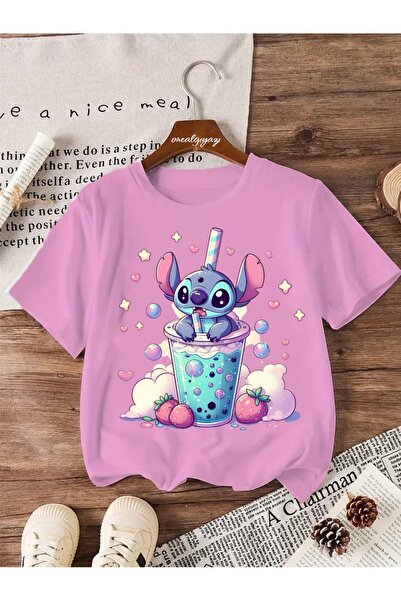 oneagılyazı Stitch Çilekli Baskılı Çocuk Oversize T-Shirt