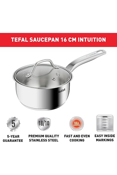 TEFAL Intuition saucepan 16 cm+lid |Premium Stainlesss steel 18/10 | Inside markings | B8642274