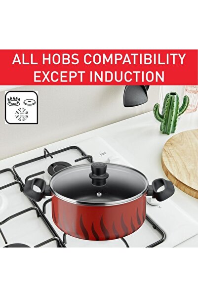 TEFAL Stewpot | Tempo Flame 26cm | 6.5L | Aluminium | Non-Stick | Lid | Stovetop Compatible | Red