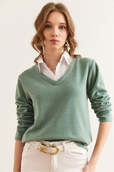 Olalook Kadın Çağla Yeşili Gömlek Yaka Detaylı Selanik Bluz BLZ-19002777