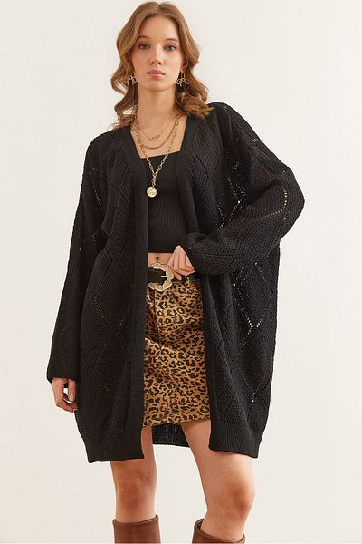 Olalook Schwarze durchbrochene lange Strickjacke für Damen HRK- 19000342