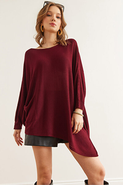 Olalook Women's Burgundy Pocket Asymmetrical Cut Viscose Knitwear Blouse Blz- 19002851