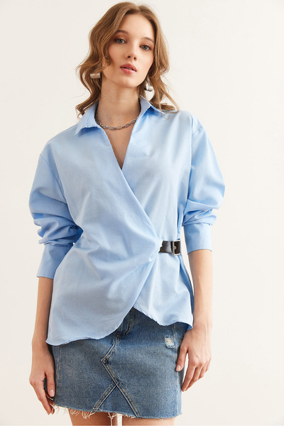 Olalook Kadın Bebe Mavi Gömlek Yaka Kemer Detaylı Gömlek GML-19001277