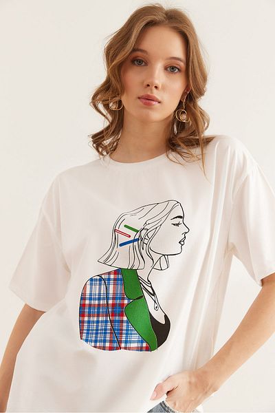 Olalook Tricou alb în carouri pentru femei, cu potrivire confortabilă, TSH- 19000838