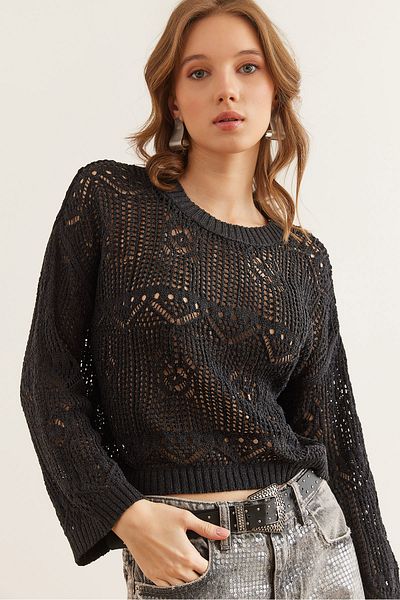 Olalook Anthrazitfarbene, ovale, gemusterte, durchbrochene, saisonale Strickbluse für Damen BLZ- 19002847