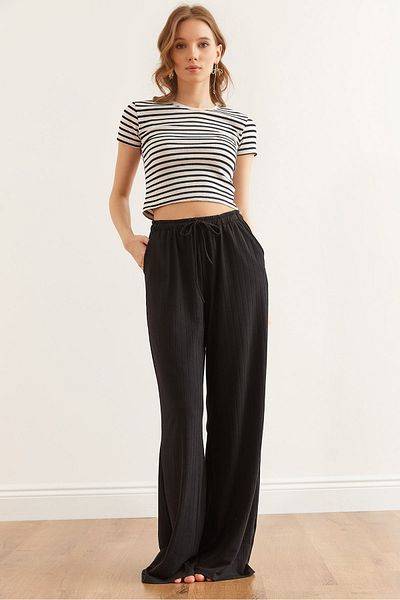 Olalook Schwarze, lockere, gerippte Pyjama-Unterseite – Schnür- und Taschen-PJMA- 0000003