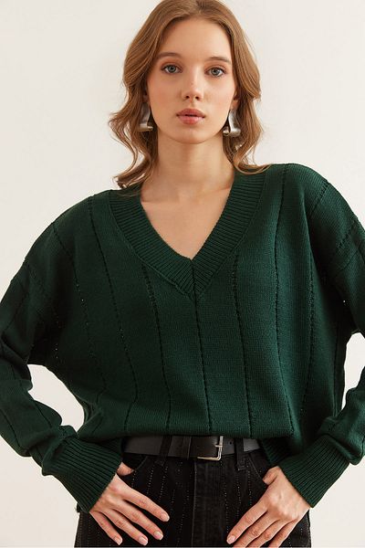 Olalook Emerald Green V-Neck Openwork Knitwear Crop Sweater - Kzk- 19000816