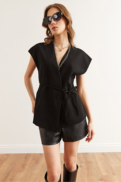 Olalook Kadın Siyah Kuşaklı Tek Düğmeli Astarlı Yelek YLK-19000054