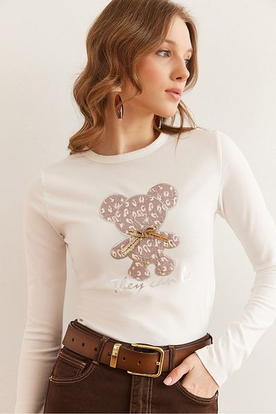 Olalook Women's Ecru Lame Stripe Teddy Bear Applique Stretchy Crop Blouse Blz- 19002840