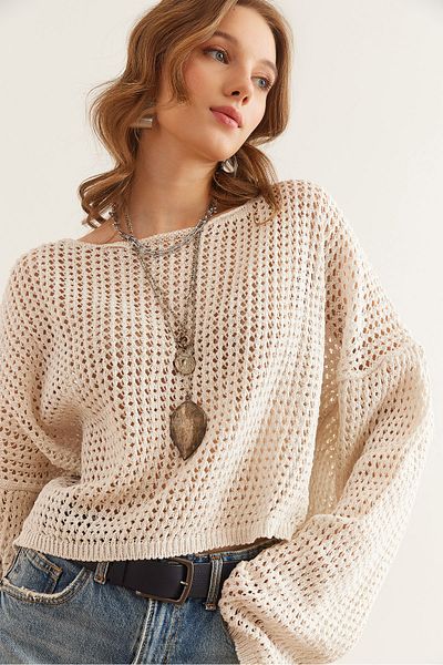 Olalook Women's Ecru Boat Neck Openwork Seasonal Knitwear Blouse Blz- 19002844