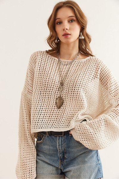 Olalook Women's Ecru Boat Neck Openwork Seasonal Knitwear Blouse Blz- 19002844