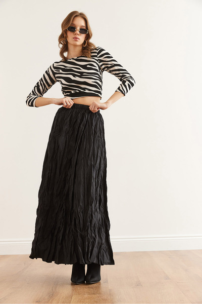 Olalook Női fekete ráncos maxi szőtt harangszoknya ETK- 19000300