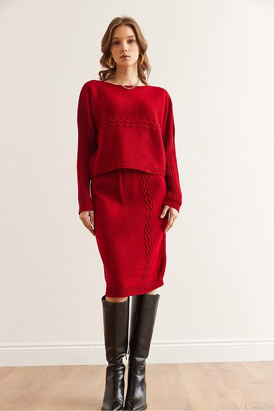 Olalook Women's Burgundy Hair Knit Detailed Skirted Knitwear Set Tkm- 19000357