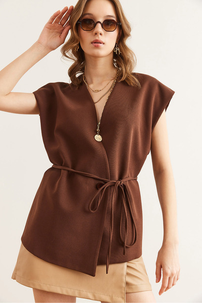 Olalook Women's Bitter Brown Belted Single Button Lined Vest Ylk- 19000054