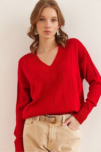 Olalook Women's Red V-Neck Openwork Crop Knitwear Sweater Kzk- 19000816