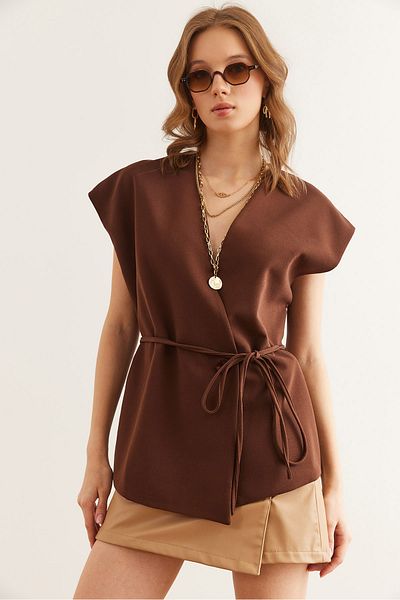 Olalook Women's Bitter Coffee Belted Single Button Lined Vest YLK- 19000054