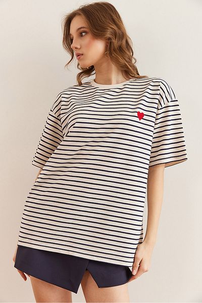 Olalook Women's Navy Blue Heart Embroidered Striped Comfortable Fit T-Shirt Tsh- 19000837