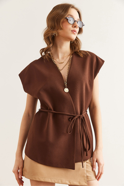 Olalook Women's Bitter Brown Belted Single Button Lined Vest Ylk- 19000054