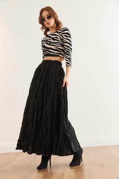 Olalook Női fekete ráncos maxi szőtt harangszoknya ETK- 19000300