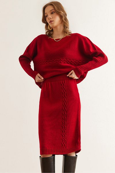 Olalook Women's Burgundy Hair Knit Detailed Skirted Knitwear Set Tkm- 19000357