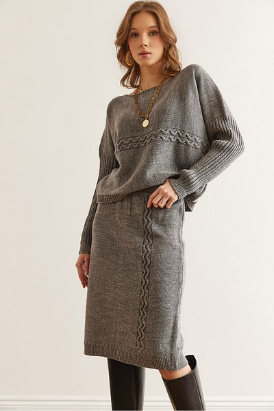 Olalook Women's Gray Hair Knit Detailed Skirted Knitwear Set Tkm- 19000357
