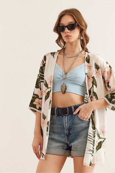 Olalook Dámské ecru velké pudrové květinové guipure detailní viskózové kimono CKT-19000053
