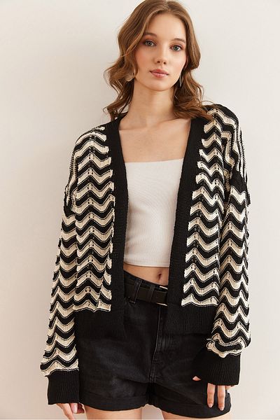 Olalook Schwarze, durchbrochene Strickjacke mit Zickzackmuster für Damen HRK- 19000341