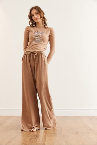 Olalook Γυναικείο πάτο πιτζάμα Camel Color - Χαλαρό PJMA με κορδόνια και τσέπες 0000003