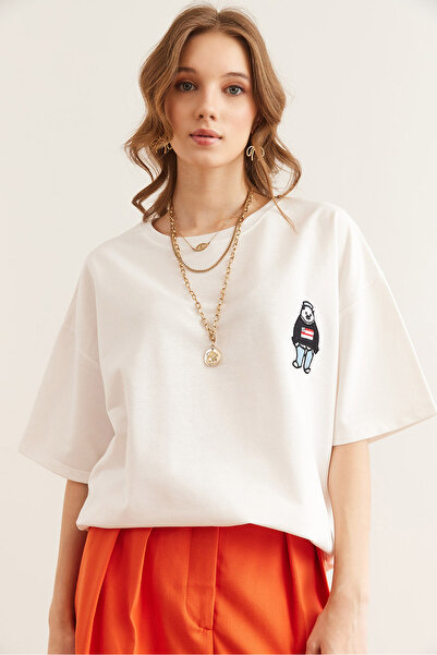 Olalook Tricou alb cu broderie cu ursuleț de pluș pentru femei, cu potrivire confortabilă, TSH- 19000840