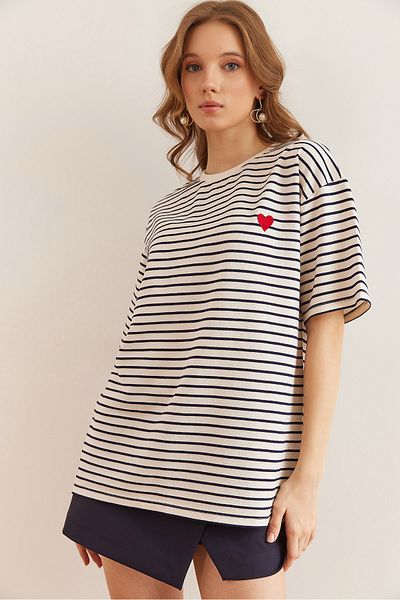 Olalook Women's Navy Blue Heart Embroidered Striped Comfortable Fit T-Shirt Tsh- 19000837